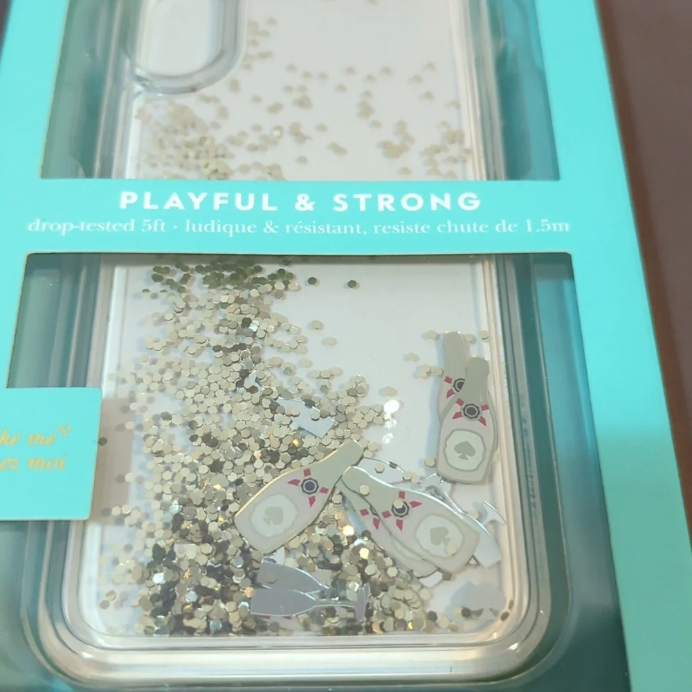 Kate Spade IPhone X Case Liquid Glitter Champagne Bottles and Glasses NWT